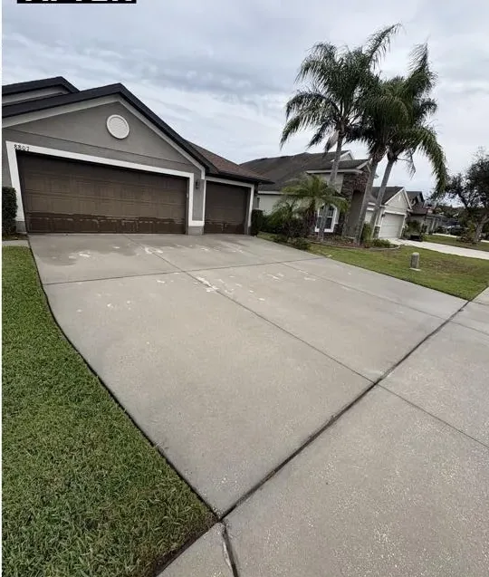The same Tampa Bay driveway after professional pressure washing — dark algae and grime stripped away to bright, even concrete