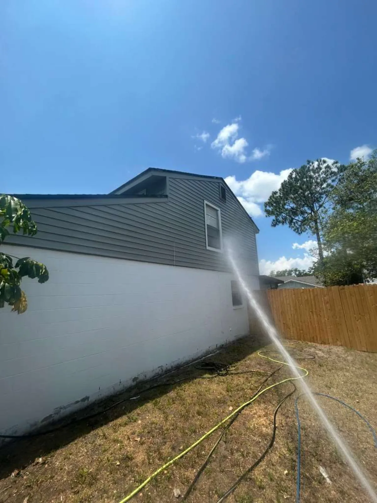 House exterior being pressure washed — mold and algae removed — Tampa Bay FL